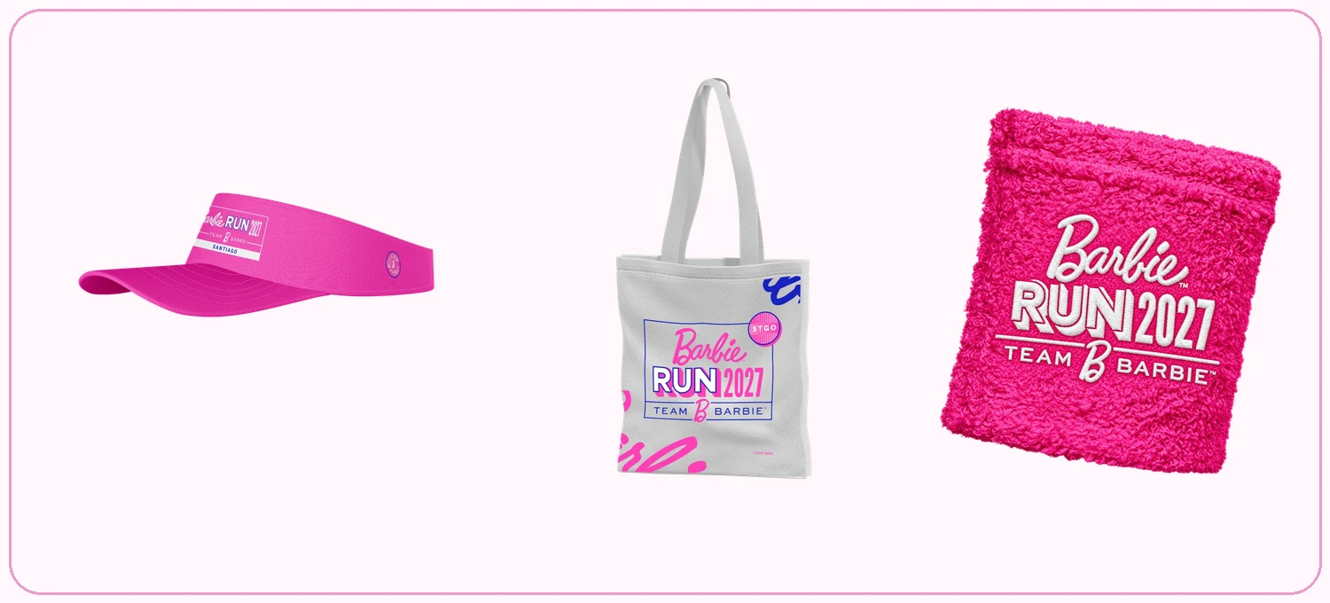 Adicionales: visera, tote bag y muñequera Barbie Run 2027